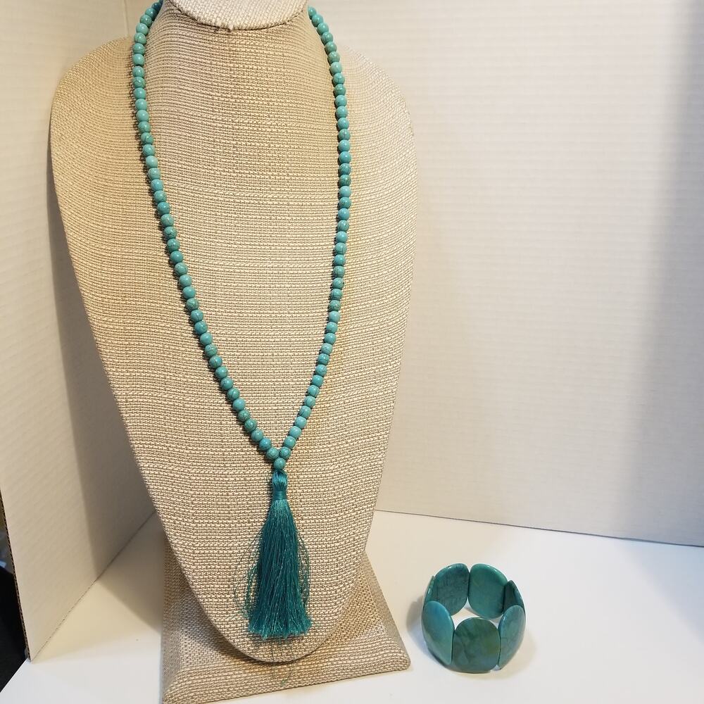 Turquoise color tassel necklace and bracelet 40"necklace